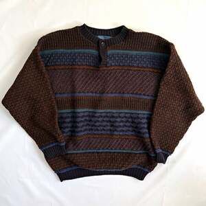 1990s Crossings Men Wool Knit Brown/Blue Striped Crewneck Pullover Sweater XL